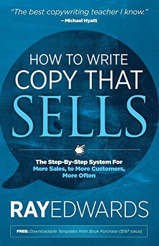 Blue cover of the book 'How to Write Copy That Sells' by Ray Edwards, featuring the title in bold white letters and a speech bubble design