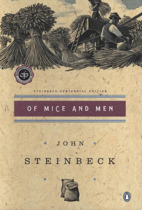 Vintage engraving-style book cover of 'Of Mice and Men' by John Steinbeck Centennial Edition, showing detailed black-and-white artwork of bundled wheat sheaves, farm laborers harvesting, rustic cart, and aged paper texture with Penguin publisher emblem.