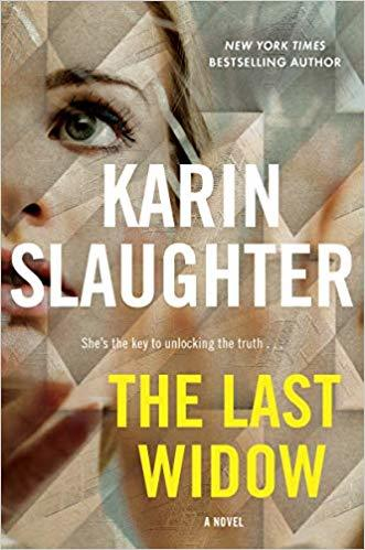 Vintage thriller book cover of 'The Last Widow' by New York Times bestselling author Karin Slaughter, featuring close-up of woman's intense green eye with geometric abstract pattern overlay, bold yellow title text, and subtitle 'She's the key to unlocking the truth' on a textured gray background.