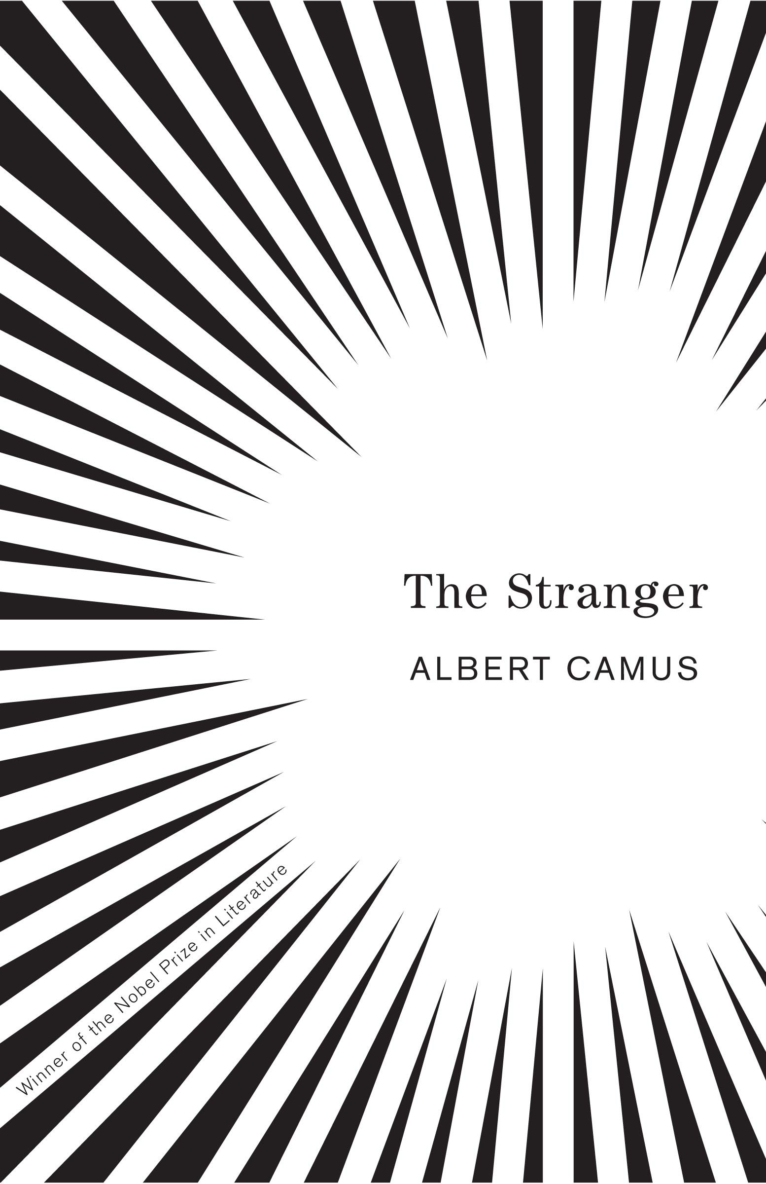 Minimalist book cover design for 'The Stranger' by Nobel Prize-winning author Albert Camus, showcasing bold black-and-white radiating stripes pattern, centered title and author name, and 'Winner of the Nobel Prize in Literature' subtitle on a high-contrast layout.