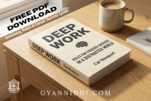 Promotional image for free PDF download of 'Deep Work' by Cal Newport – Rules for Focused Success in a Distracted World, featuring minimalist book cover with brain icon on wooden desk alongside coffee mug and notebook, InkbYte Library logo, and Gyananidhi.com branding with 'Summary, Rules & Career Success Guide' overlay.