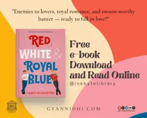 Cover of Red, White & Royal Blue by Casey McQuiston with promotional text offering free ebook download and read online from Inkbyte Library, featuring tagline about enemies-to-lovers royal romance.