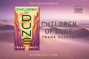 Children of Dune book cover by Frank Herbert featuring a futuristic desert cityscape framed by towering cliffs with lone figures