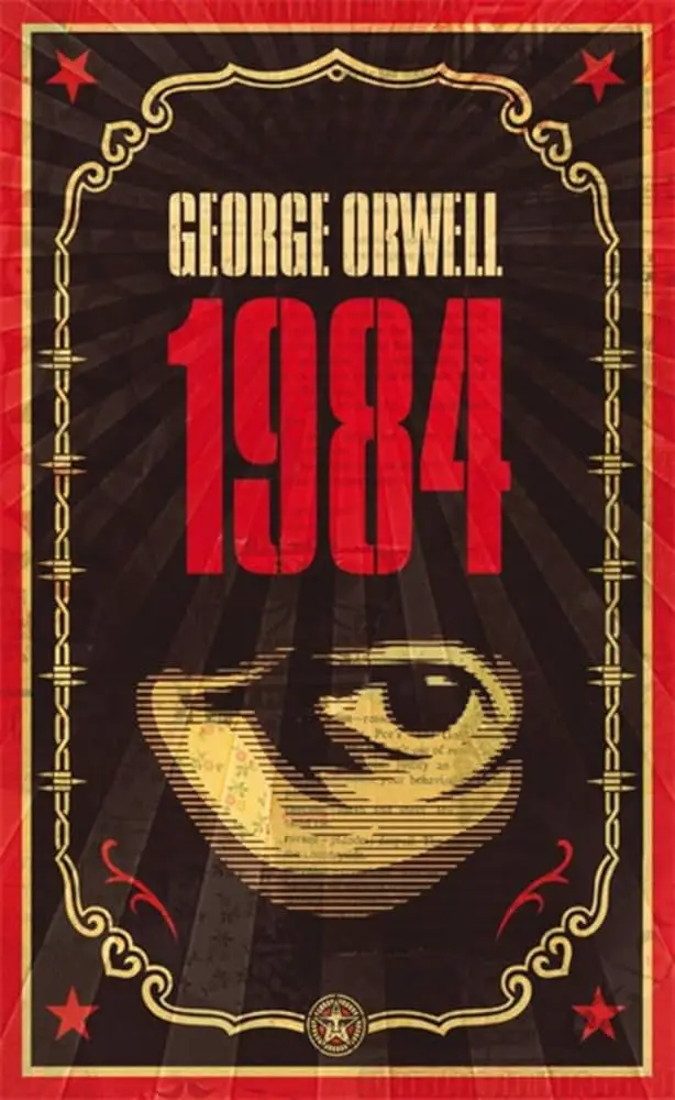 1984 by George Orwell - A compelling visual of a large golden eye against dark rays, symbolizing surveillance and authoritarianism in a dystopian setting.