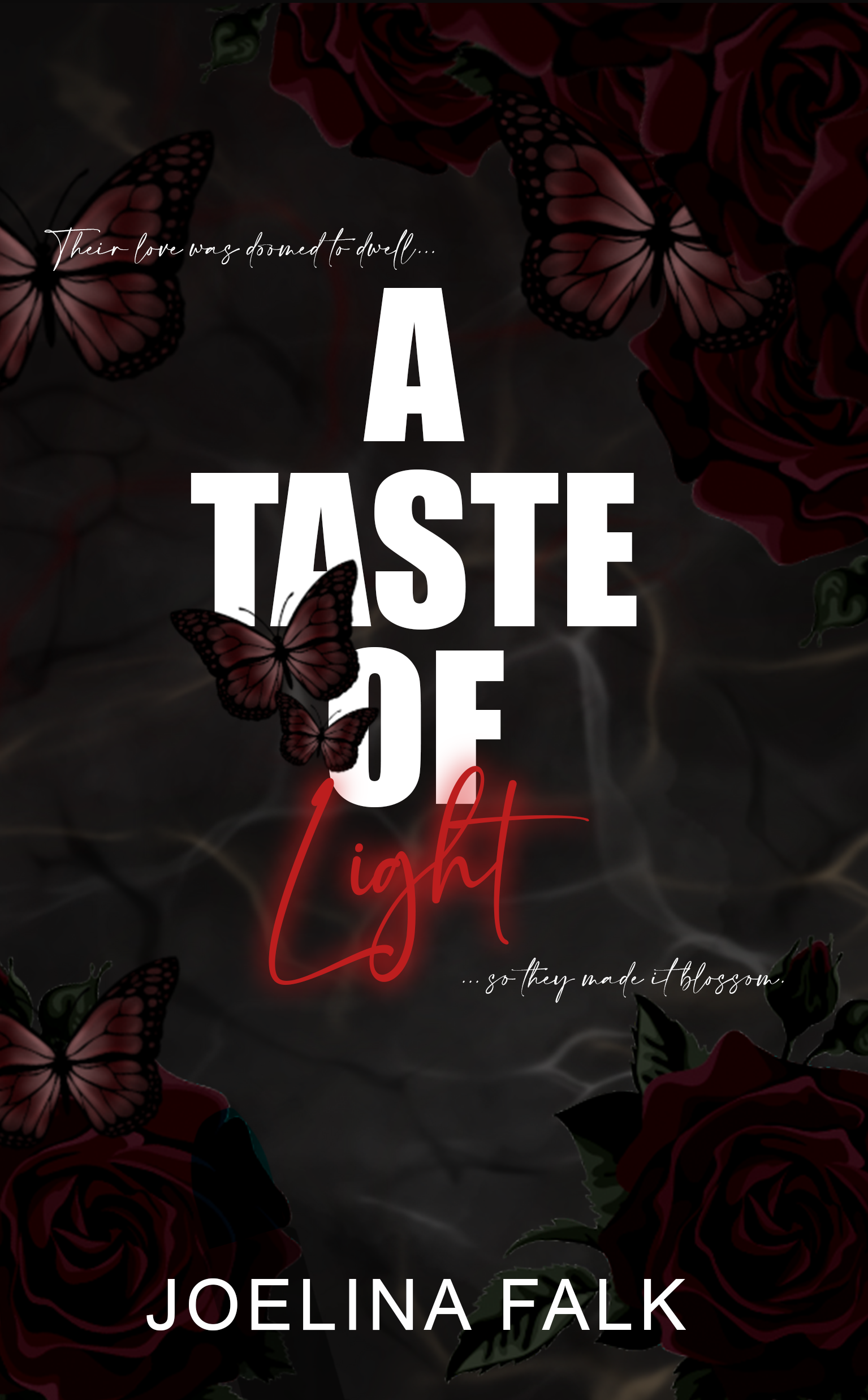 "Dark background with deep red roses and butterflies. The glowing red text 'A Taste of Light' stands out in the center, with additional smaller text and the author's name, Joelina Falk, at the bottom."