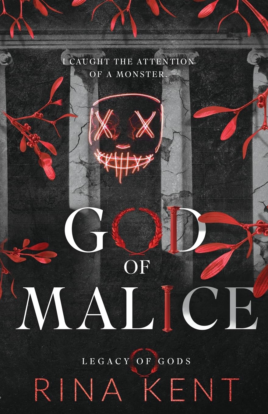 Book cover of "God of Malice" by Rina Kent, featuring a dark background with a cracked wall, red leaves, and a neon face with X eyes and a stitched mouth.





