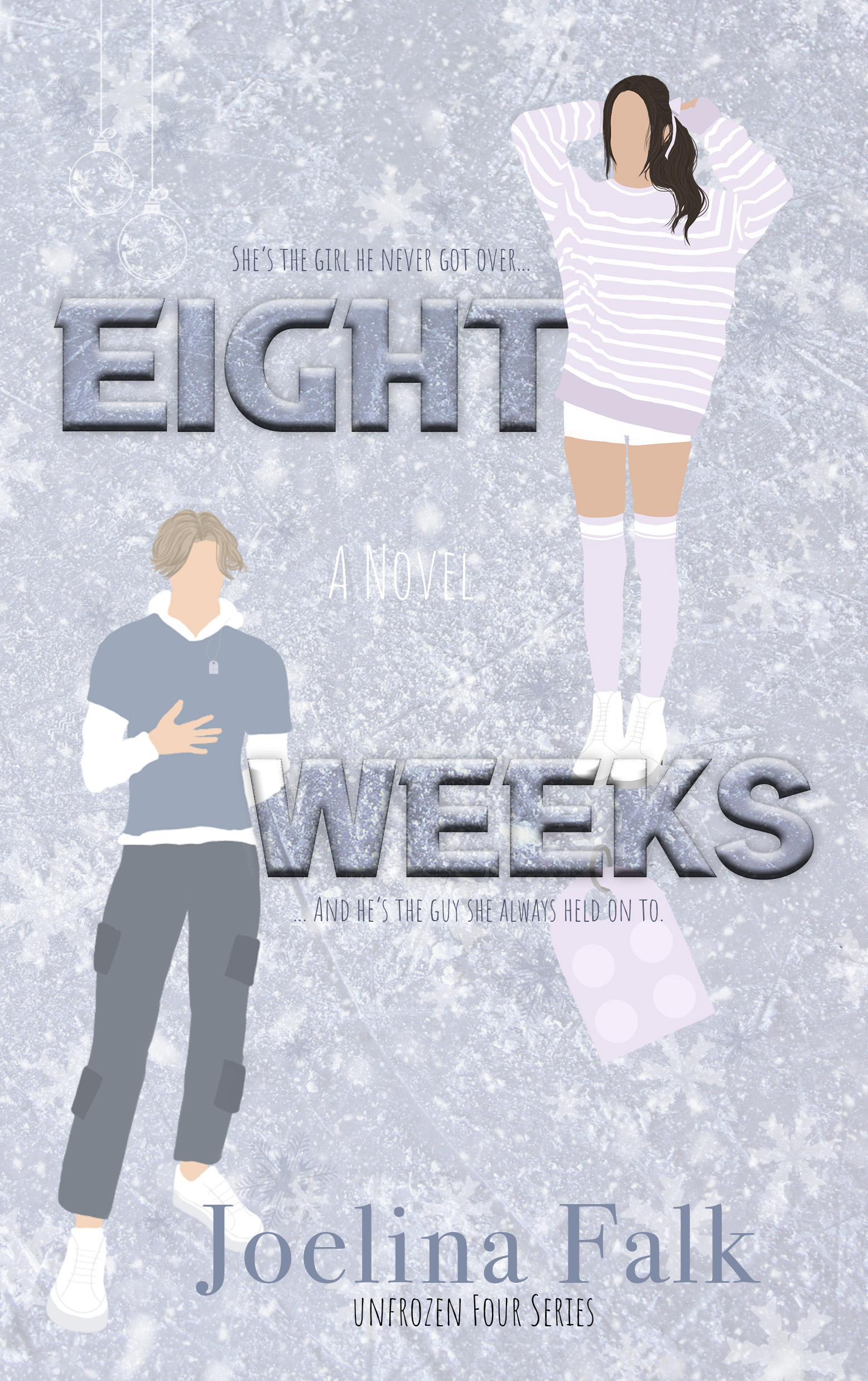 "Book cover of Eight Weeks by Joelina Falk. The illustration features a boy in casual winter clothing and a girl in a purple striped sweater and white skirt against a snowy, icy background with snowflakes and ornaments. The text reads: 'She's the girl he never got over... Eight Weeks ...And he's the guy she always held on to.' Below, it says 'Joelina Falk' and 'Unfrozen Four Series.'"