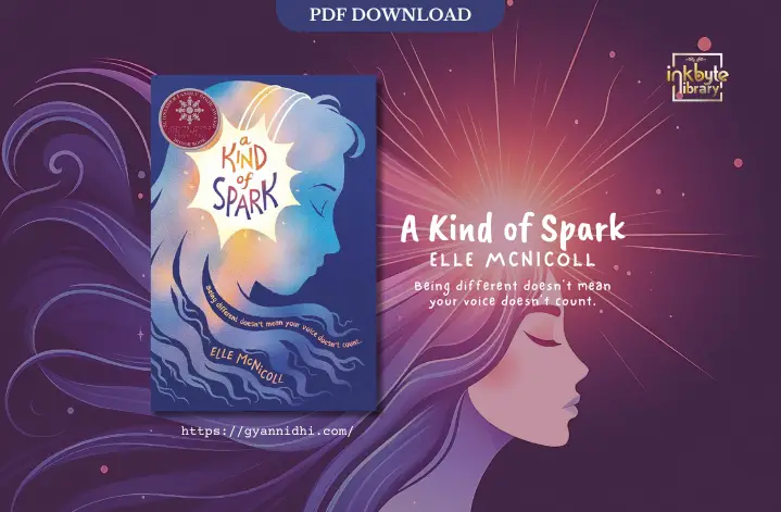 Book cover of "A Kind of Spark" by Elle McNicoll, featuring an illustration of a woman's side profile with flowing blue and purple hair, and a burst of light near her head.