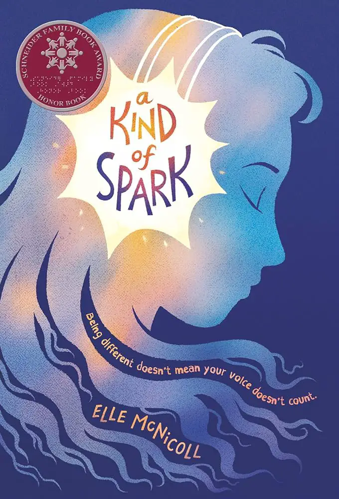 Book cover of "A Kind of Spark" by Elle McNicoll, featuring an illustration of a woman's side profile with flowing blue and purple hair, and a burst of light near her head.





