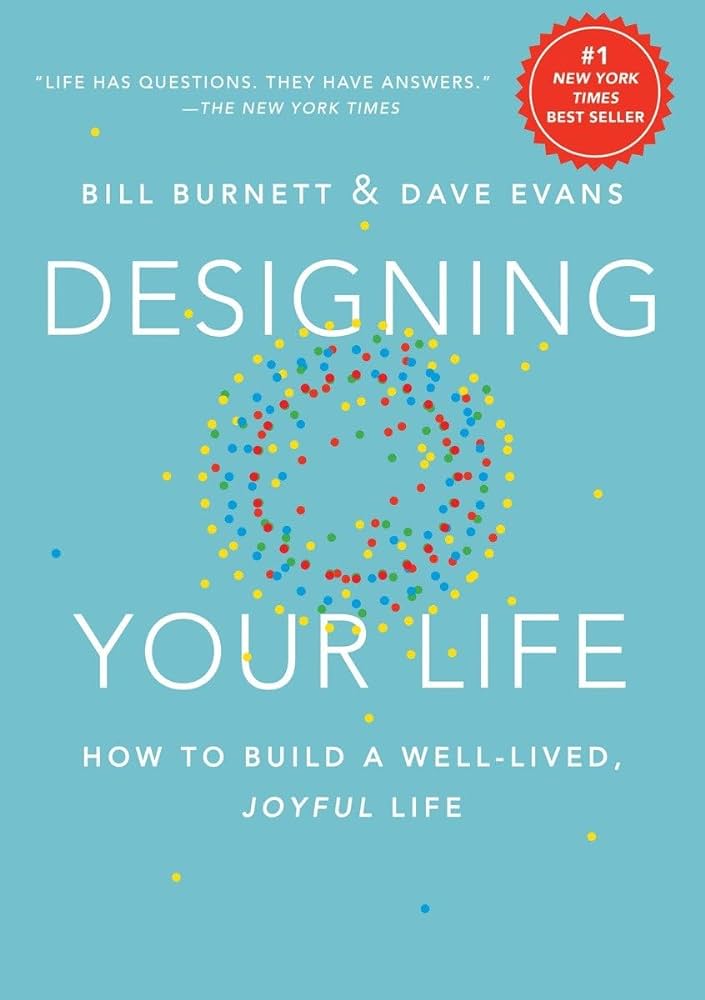 Book cover of Designing Your Life by Bill Burnett and Dave Evans, featuring a light blue background with colorful confetti forming a circular pattern, a quote from The New York Times, and a red badge saying '#1 New York Times Best Seller.'