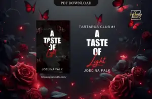 "Dark background with deep red roses and butterflies. The glowing red text 'A Taste of Light' stands out in the center, with additional smaller text and the author's name, Joelina Falk, at the bottom."