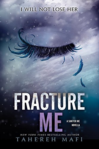 Cover of Fracture Me by Tahereh Mafi, showcasing a dark, snowy backdrop with a broken eyelash and scattered feathers, reflecting the novella's themes of fragility and emotional turmoil.





