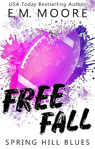 Free Fall by E.M. Moore - Vibrant illustration of a football with slender purple and pink paint splashes, symbolizing athletic competition and excitement.