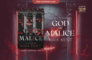 Book cover of "God of Malice" by Rina Kent, featuring a dark background with a cracked wall, red leaves, and a neon face with X eyes and a stitched mouth.