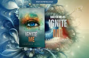 "Ignite Me by Tahereh Mafi book cover featuring a detailed, surreal blue eye with surrounding floral designs against a green and blue gradient background."