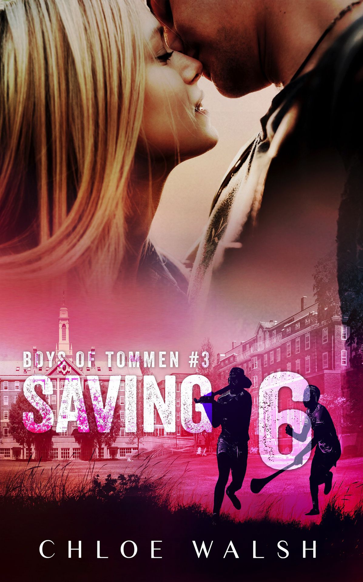 Saving 6 by Chloe Walsh book cover, featuring a bold title on a purple background with a yellow flower and scattered petals, emphasizing a dramatic and emotional theme."