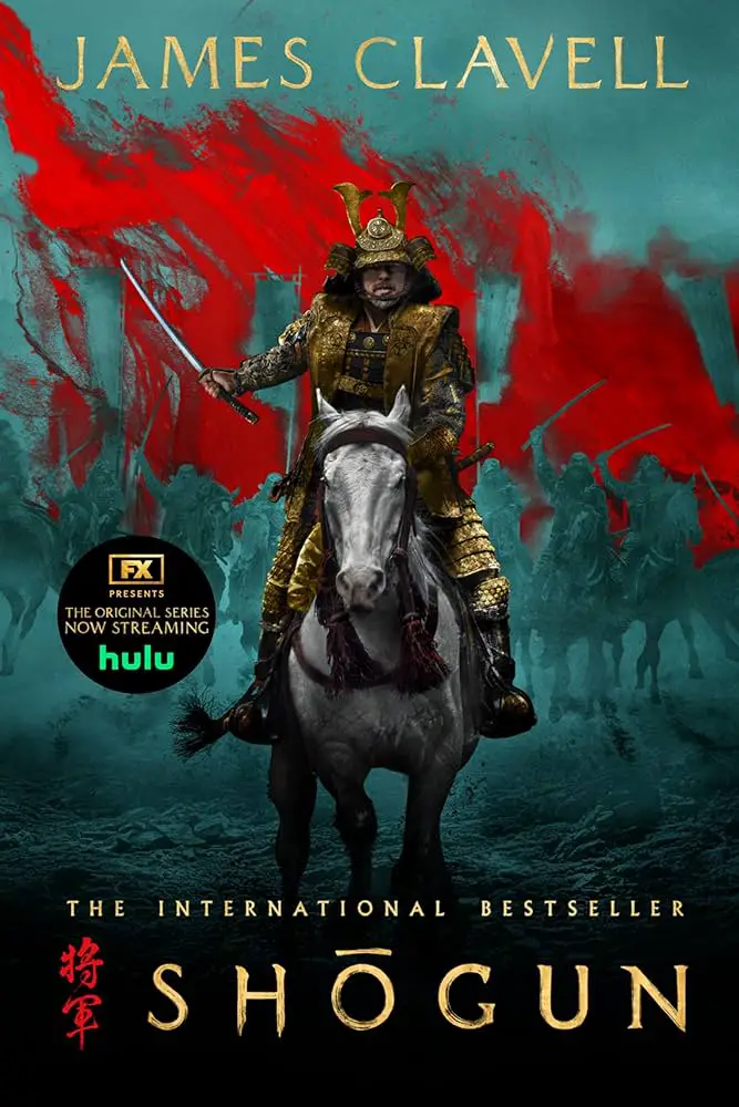 Shōgun by James Clavell cover featuring a samurai on a horse with red and teal background