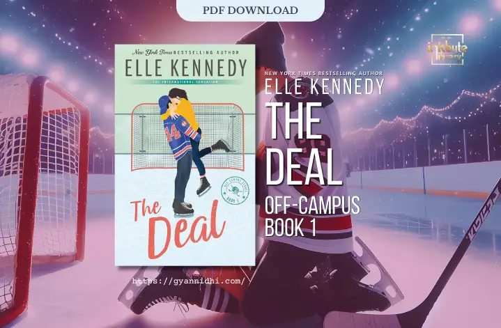 "The cover of 'The Deal' by Elle Kennedy features a romantic scene with a couple on an ice rink. The man, in a blue hockey jersey, lifts the woman in a yellow sweater as they kiss in front of a hockey goal."