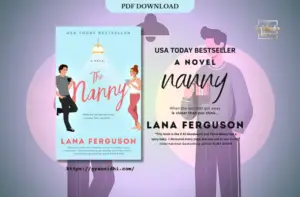 Book cover of The Nanny by Lana Ferguson, featuring a playful illustration of a man and woman standing on either side of the title, with light pastel colors and a coffee theme.