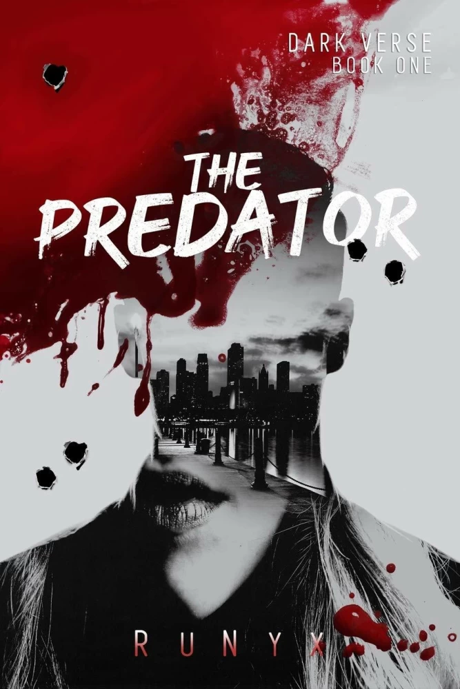 Abstract image for The Predator by RuNyx featuring a woman's face blended with a city skyline and red splatters