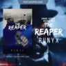 The Reaper by RuNyx - A dark, mysterious figure pointing a gun with a cityscape and newspaper headlines in the background