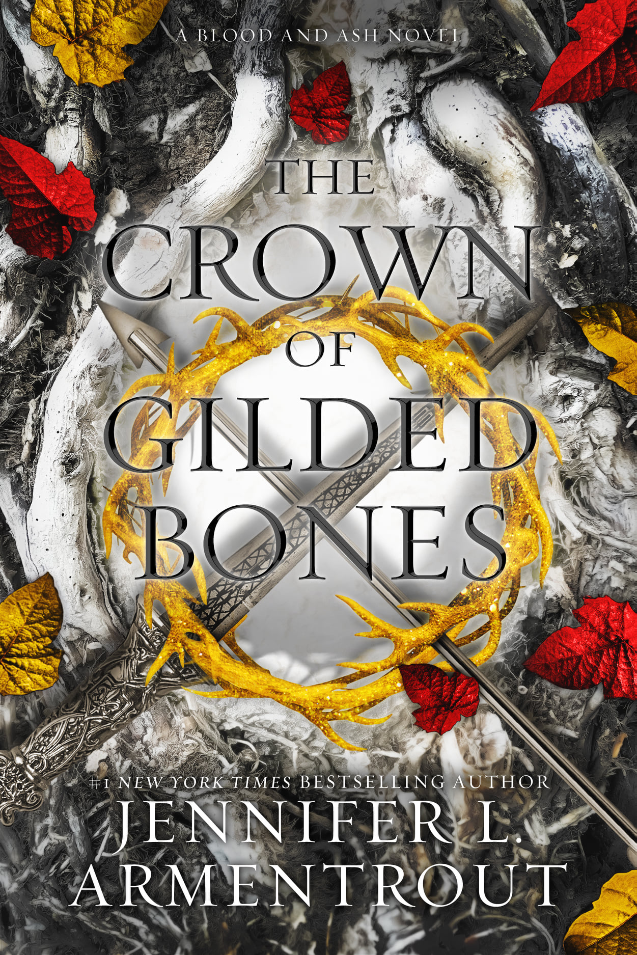 Cover of The Crown of Gilded Bones by Jennifer L. Armentrout featuring a golden crown with antlers and a sword against a white and grey background adorned with red and yellow leaves.