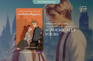 Cover of Academically Yours by Jennifer Chipman. The illustration features a red-haired girl and a blond boy in academic attire, standing close with books around them, set against a city skyline background.