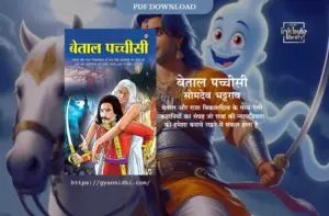 Book cover of बेताल पच्चीसी PDF showing a warrior in red attire holding a sword, with an ethereal figure in white hair behind him against a mystical background.