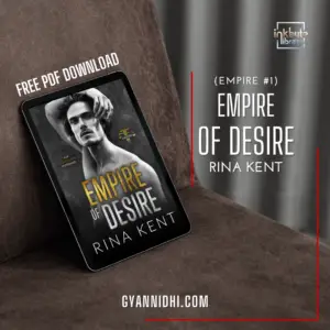 Book cover of Empire of Desire by Rina Kent, featuring a black and white photograph of a handsome man, with gold accents on the title. The cover includes the tagline "My Forbidden Husband" and a small symbol of scales and a pillar, evoking themes of luxury, power, and forbidden romance.