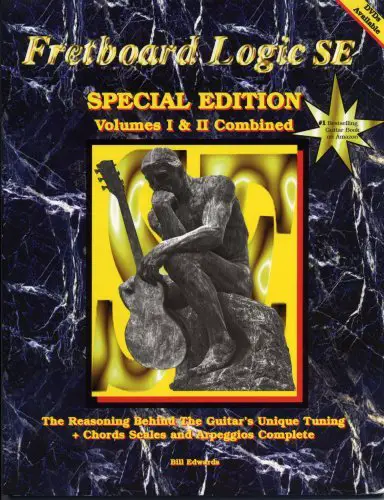 Cover of Fretboard Logic SE Special Edition pdf by Bill Edwards, featuring a marbled background, a statue playing a guitar, and prominent gold text detailing the volumes and special edition features.