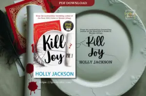 Cover of Kill Joy by Holly Jackson, featuring a white plate with bold black text, a napkin with red marks, an ornate invitation card, and a black feather.