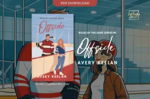 A hockey-themed illustration featuring a man in a hockey jersey and a woman in casual clothing standing in an ice rink, capturing a lighthearted and sporty atmosphere. The book is Offside by Avery Keelan.