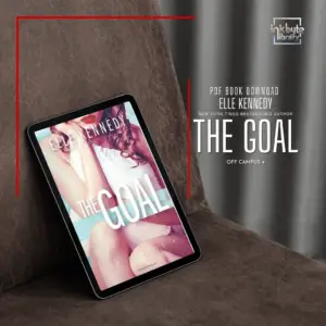 A woman in white lingerie sits with her knees drawn up, her curled hair falling over her shoulder. The Goal by Elle Kennedy. Off-Campus book 4