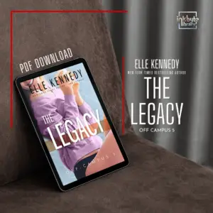 A smiling woman in a purple sweater sits with her legs bent, holding a book. The Legacy by Elle Kennedy.