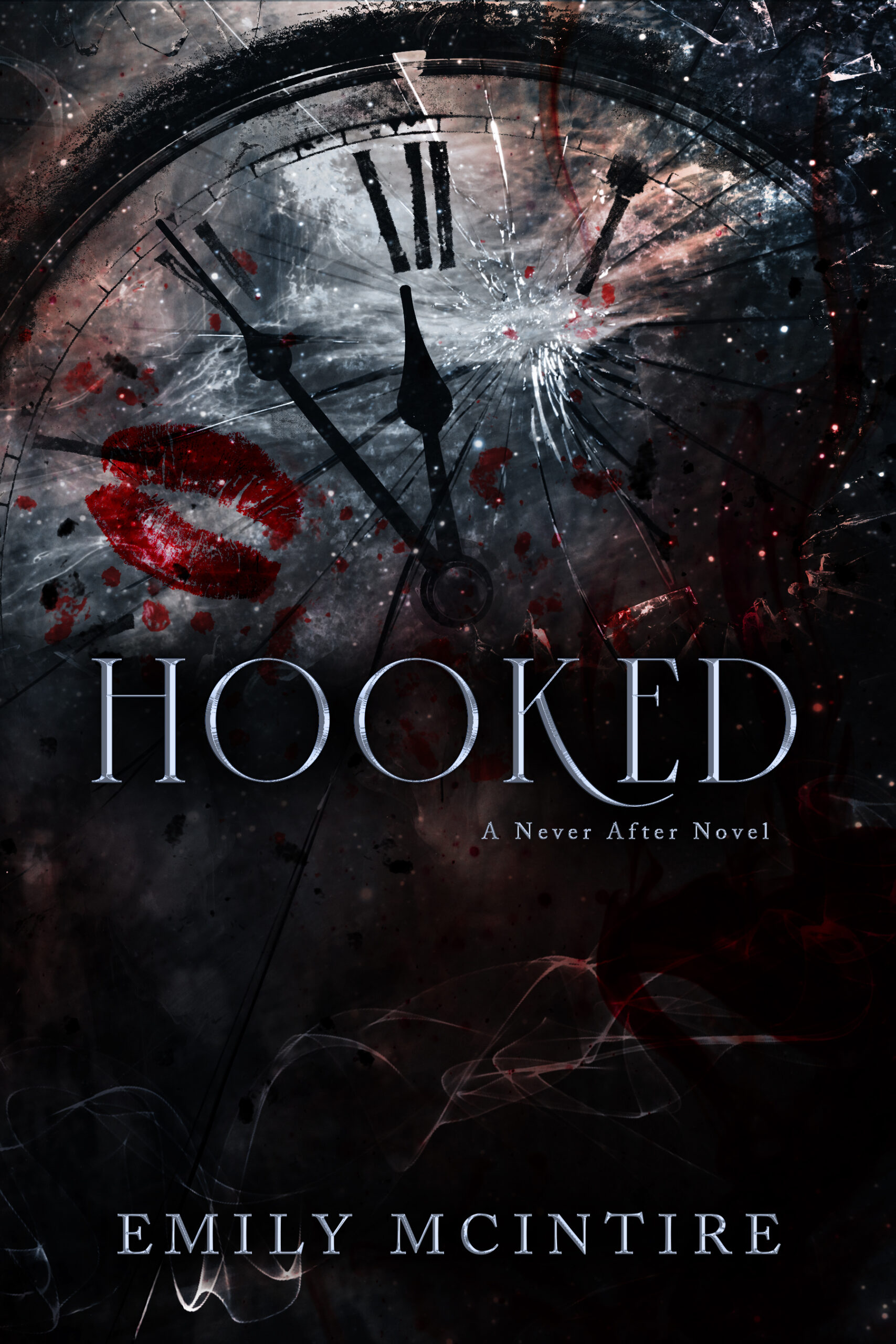 Hooked by Emily McIntire - A Never After Novel with a dark and suspenseful cover featuring a shattered clock and red lipstick kiss.

