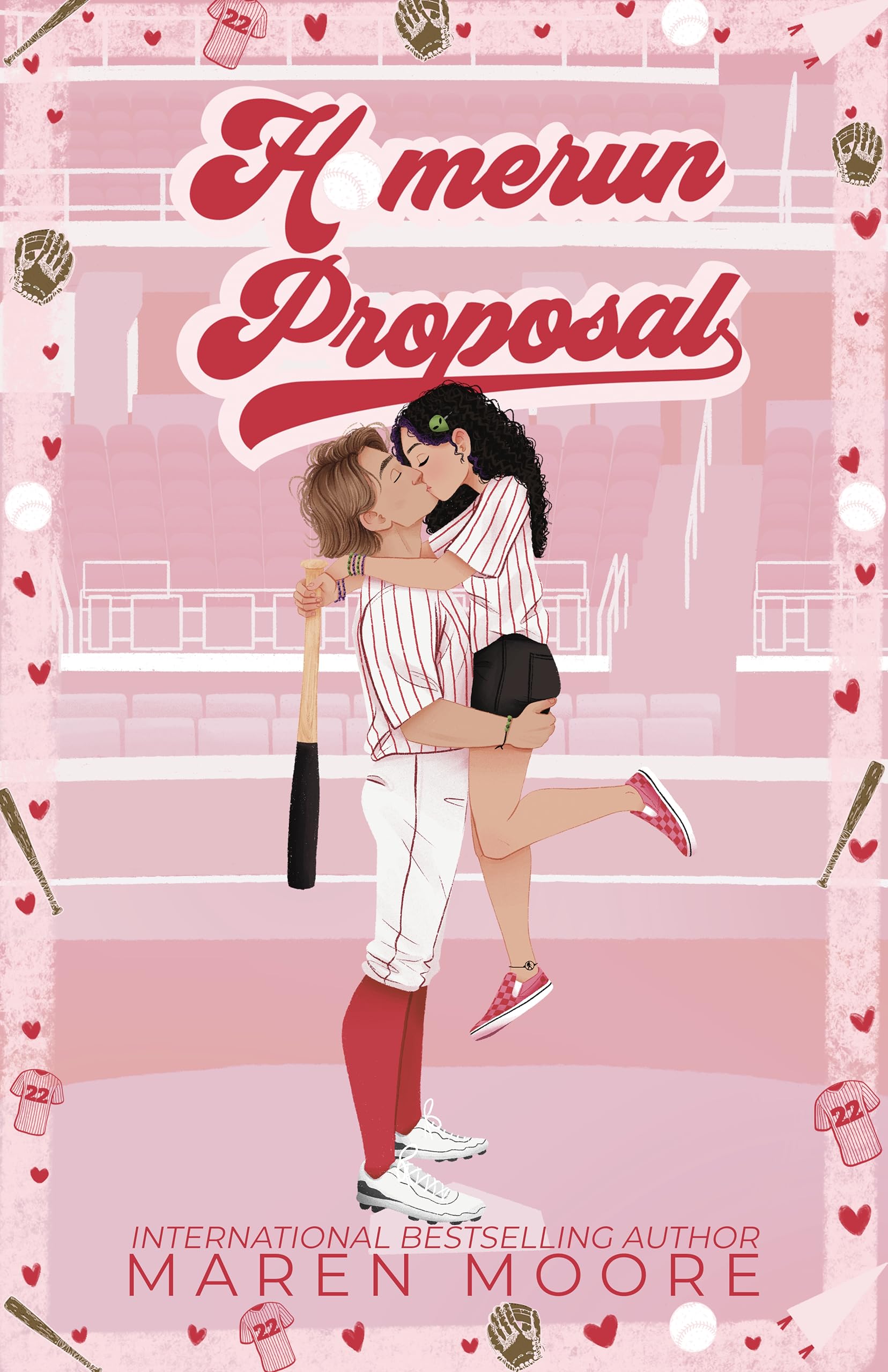 "Book cover of 'Homerun Proposal' by Maren Moore, featuring a couple in baseball uniforms kissing in a stadium setting."






