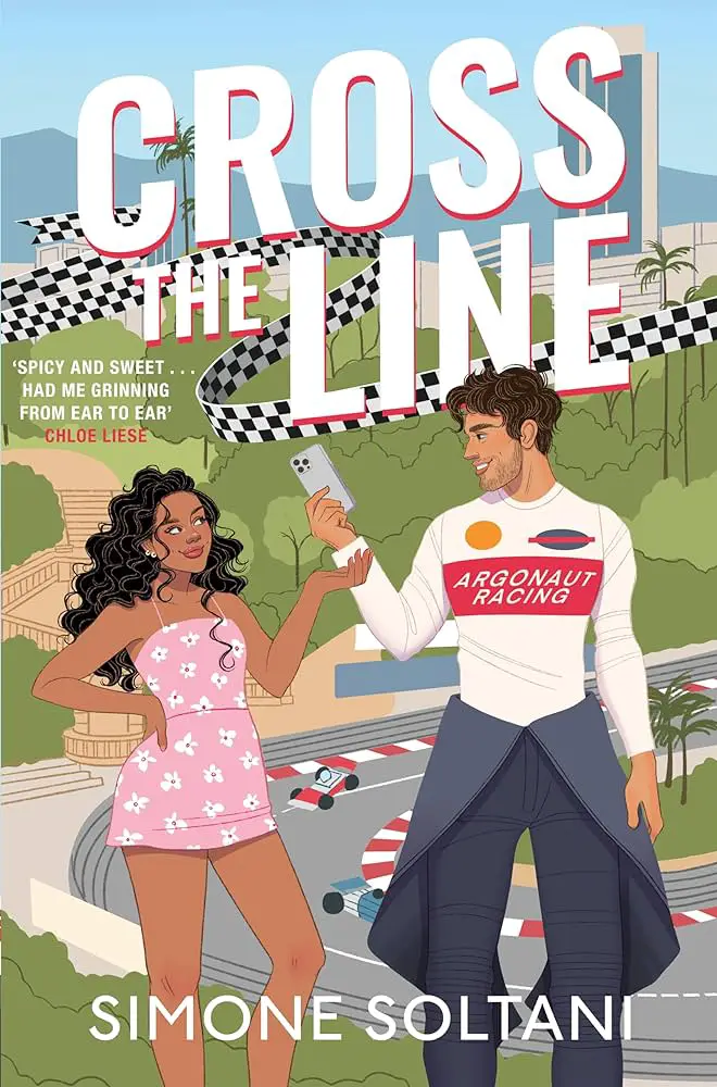 A race car driver with a smartphone stands next to a woman in a pink dress, set against a racetrack backdrop. Cross the Line by Simone Soltani.