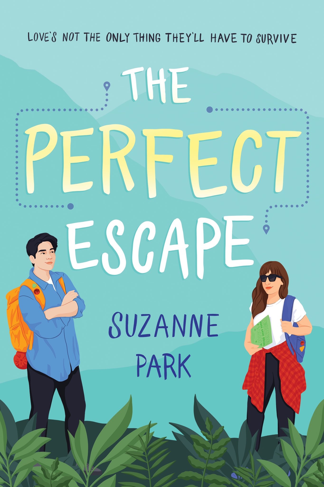 Illustrated book cover of The Perfect Escape by Suzanne Park, featuring a young boy with an orange backpack and a girl holding a green map against a turquoise mountain background.






