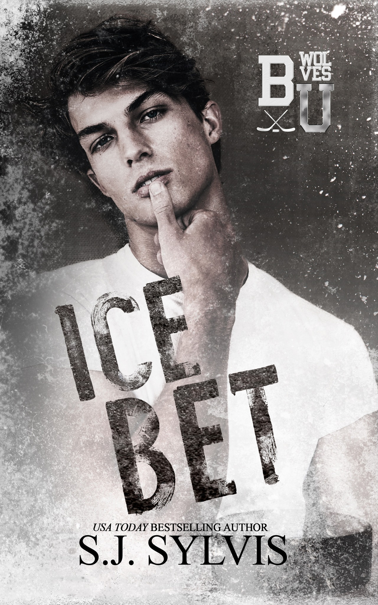 Cover of Ice Bet by S.J. Sylvis, featuring a striking black and white image of a contemplative young man with a finger on his lips, set against a textured background with bold title typography.