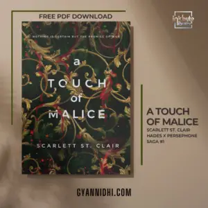 Book cover of A Touch of Malice by Scarlett St. Clair, featuring an intricate design of golden leaves with red accents on a dark green background. inkbyte library, gyannidhi.com