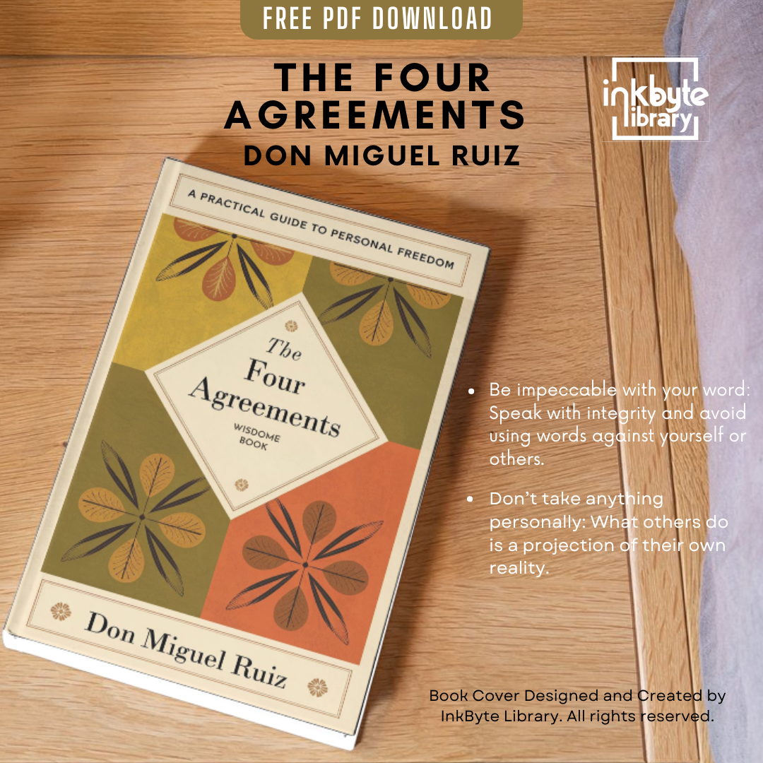 Book cover of The Four Agreements by Don Miguel Ruiz, featuring four stylized flowers on an earthy-toned background with the title and subtitle centered in white text, and the author's name at the bottom. gyannidhi.com