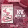 Book cover of Love Unwritten by Lauren Asher, featuring a pink luggage tag with torn heart-shaped paper pieces and a postcard on a light pink background, part of the Lakefront Billionaires series.