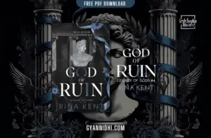 Book cover of God of Ruin by Rina Kent featuring a classical Roman bust statue with blue ribbons, ancient columns, and dark floral elements by Inkbyte Library and Gyannidhi.com.