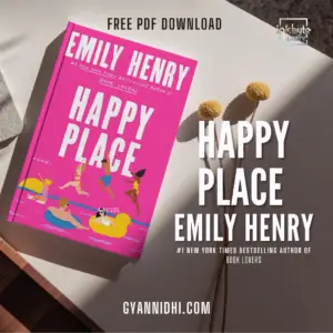 Cover of Happy Place by Emily Henry, featuring playful illustrations of people enjoying a summer day at the beach with a bright pink background, highlighting the fun and vibrant theme of the novel.