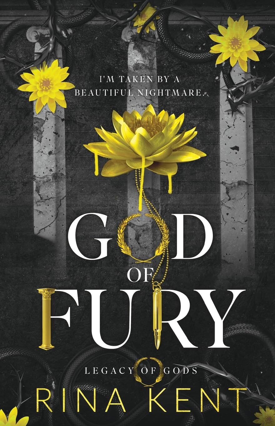 Book cover for God of Fury by Rina Kent featuring a dramatic design with yellow lotus flowers, a golden bullet pendant, and a dark background. inkbyte library, gyannidhi.com 





