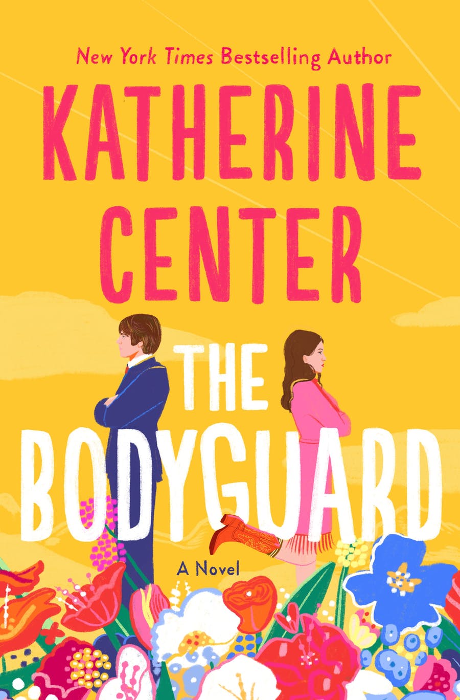 The Bodyguard by Katherine Center - A lively yellow visual with a back-to-back couple and colorful flowers - gyannidhi.com