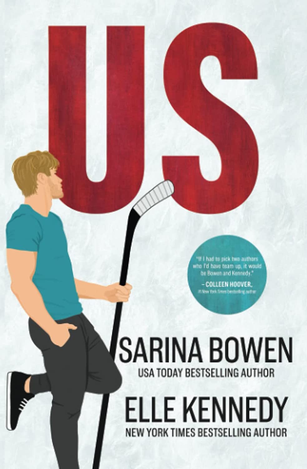 An illustrated image of a young man with a hockey stick beside large red letters, representing the book Us by Sarina Bowen and Elle Kennedy.  Inkbyte Library, Gyannidhi.com.