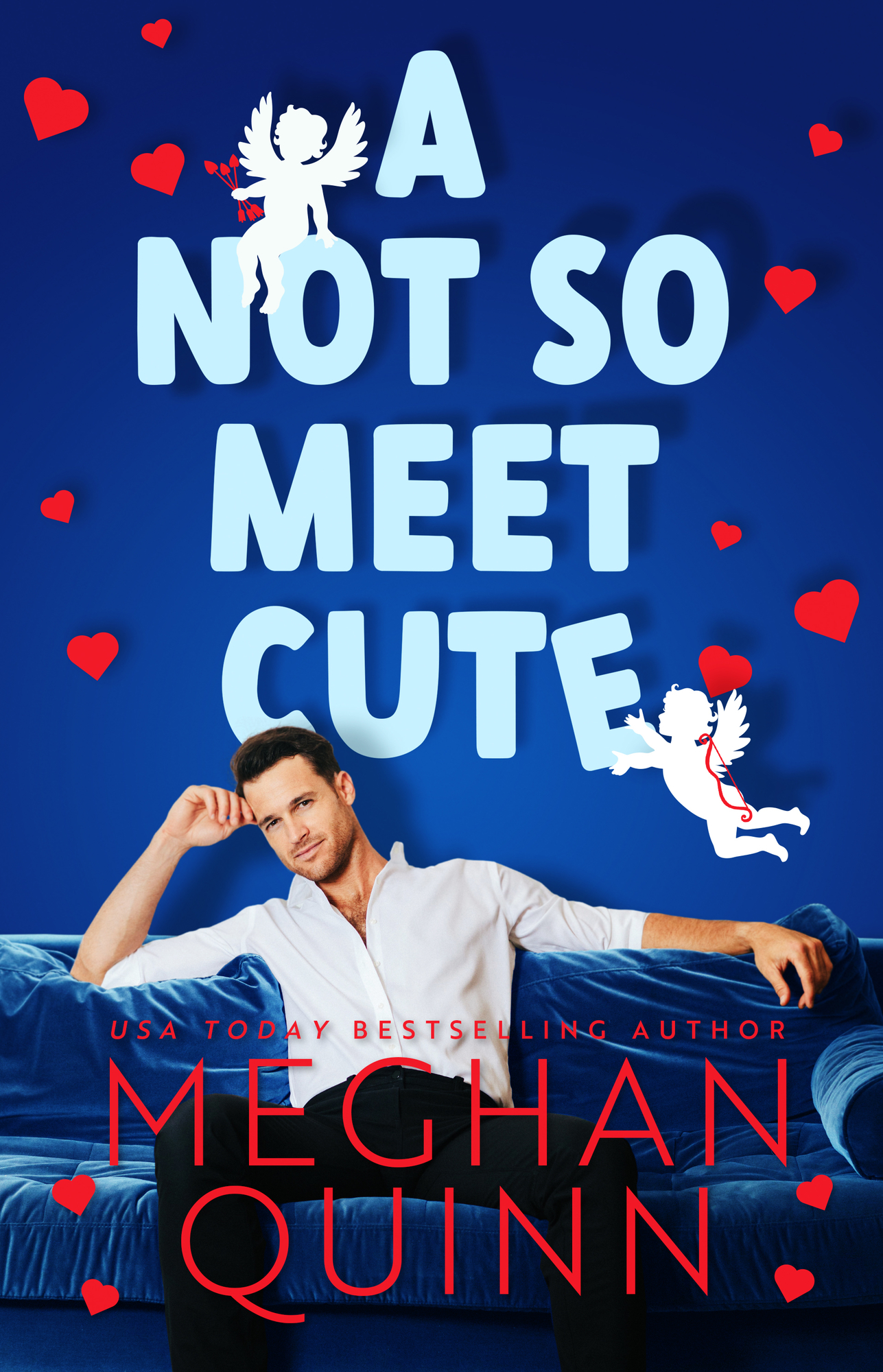 the cover of the book A Not So Meet Cute by Meghan Quinn. It features a man in a white shirt sitting on a blue couch, with the title and author's name displayed in bold text.






