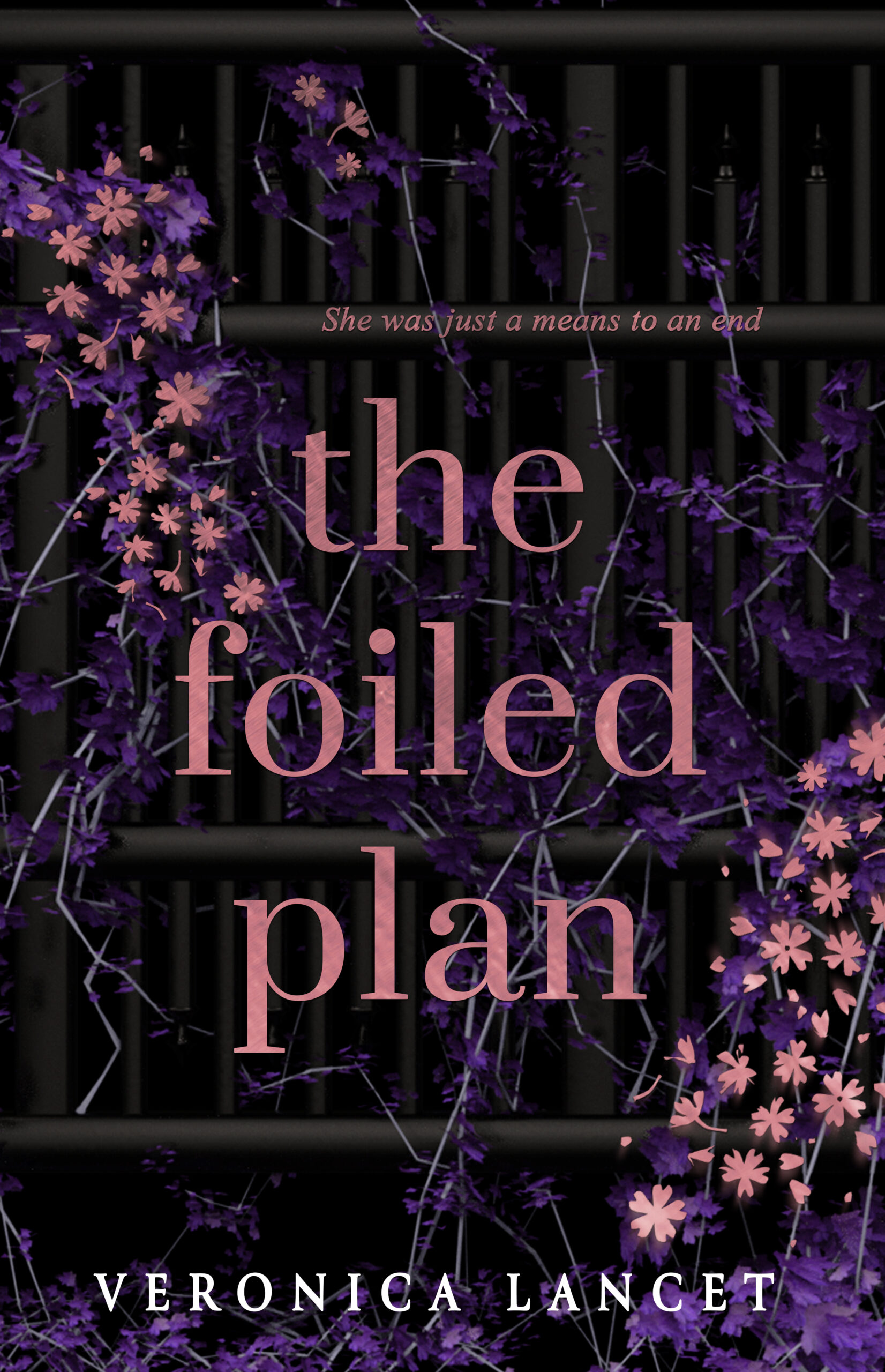 Cover of The Foiled Plan by Veronica Lancet, featuring a dark floral design with intertwined pink and purple flowers against a black background, highlighting a suspenseful and mysterious theme.