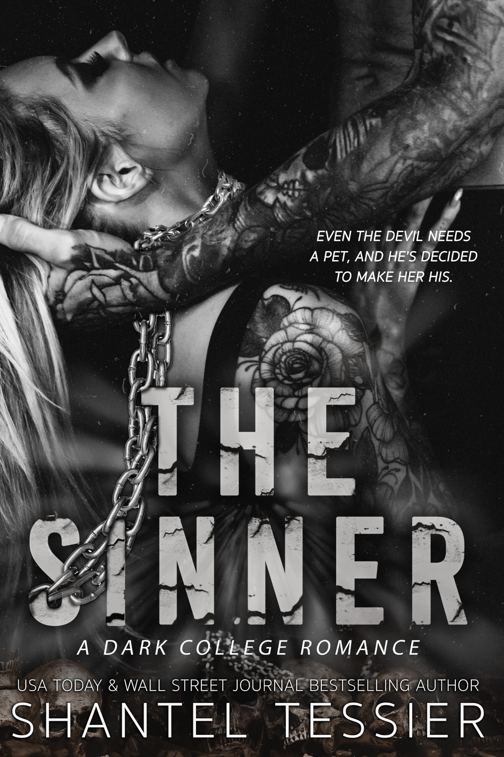 A dark and gritty image showing a tattooed woman in chains, representing the book The Sinner by Shantel Tessier, featured on Inkbyte Library and Gyannidhi.com.